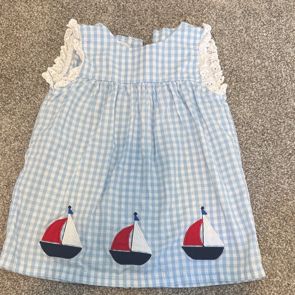 Blue Gingham Dress with Sailboat Design